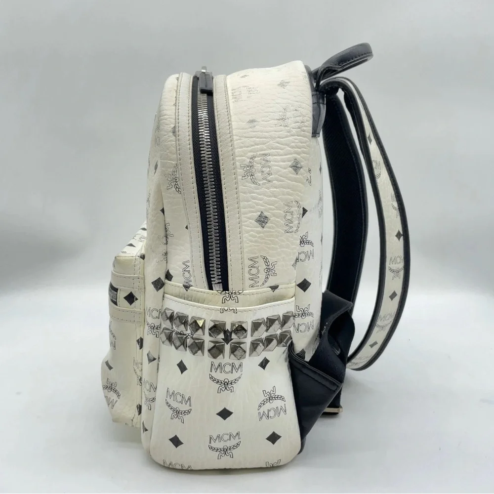 Authentic MCM Visetos Pattern White Leather Studded Backpack medium size